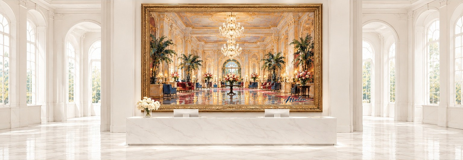 Entire white reception lobby with a framed impressionist hotel painting