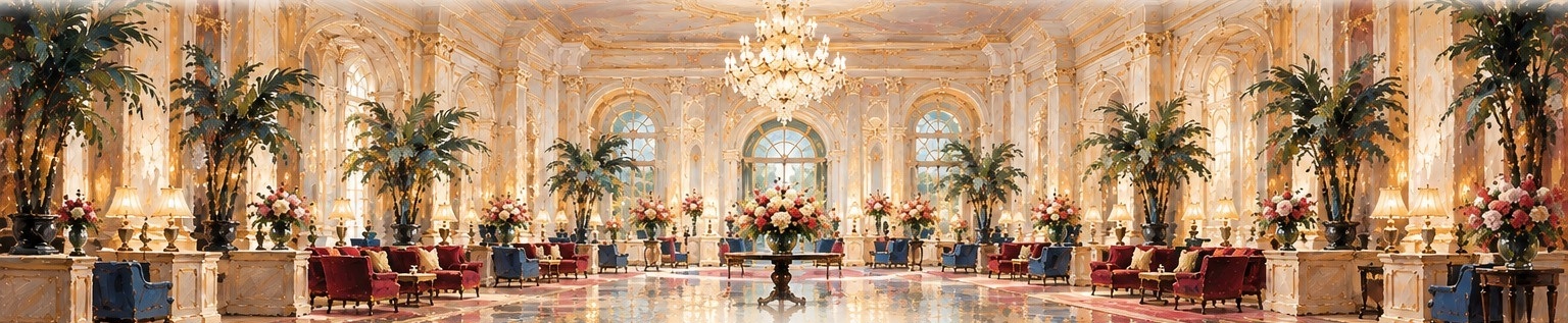 Grand impressionist lobby with chandeliers, palms and furnishings